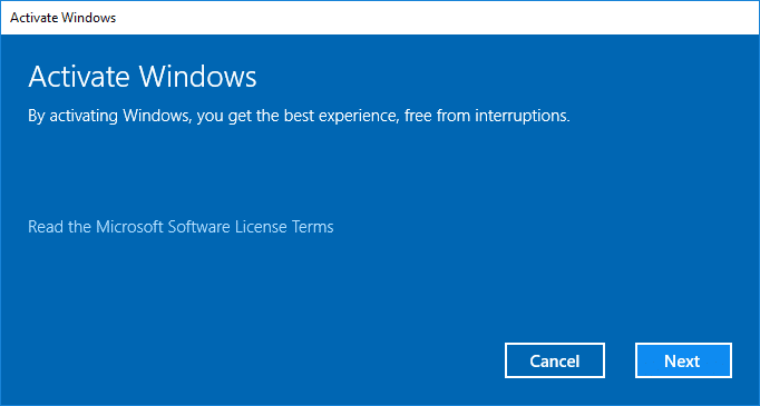 Cliquez sur Suivant pour activer Windows 10
