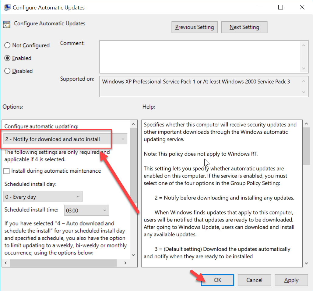 Sélectionnez Notifier pour le téléchargement et l'installation automatique sous Configurer la politique de mise à jour automatique