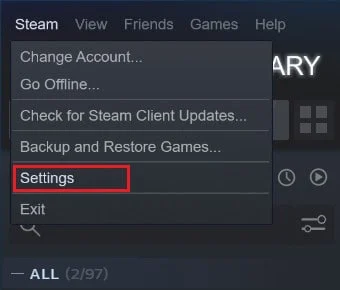 Dans les options qui s'affichent, cliquez sur paramètres | Correction du Steam Workshop ne téléchargeant pas les mods