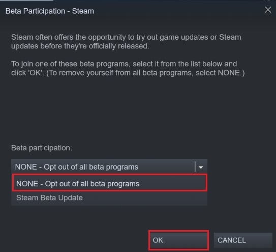 Cliquez sur la liste déroulante et sélectionnez Aucun - désactiver tous les programmes bêta | Correction du Steam Workshop ne téléchargeant pas les mods