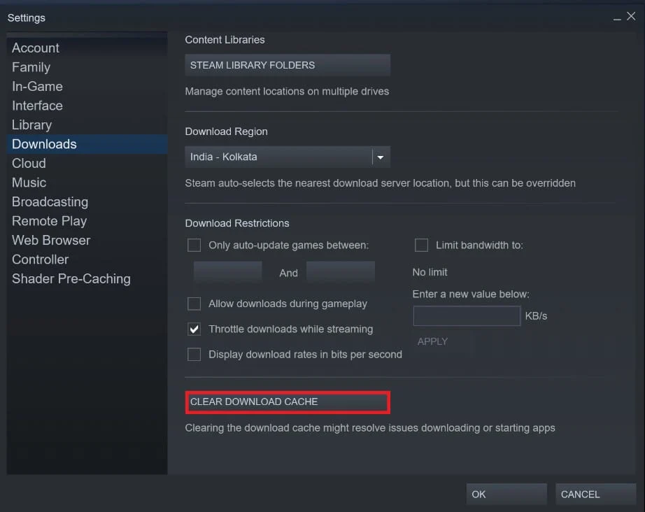 Cliquez sur Effacer le cache de téléchargement | Correction du Steam Workshop ne téléchargeant pas les mods