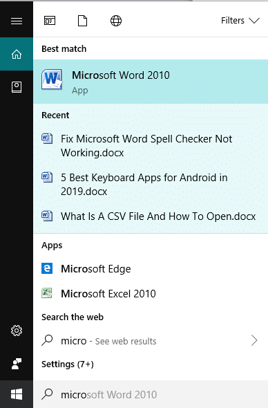 Rechercher Microsoft Word à l'aide de la barre de recherche