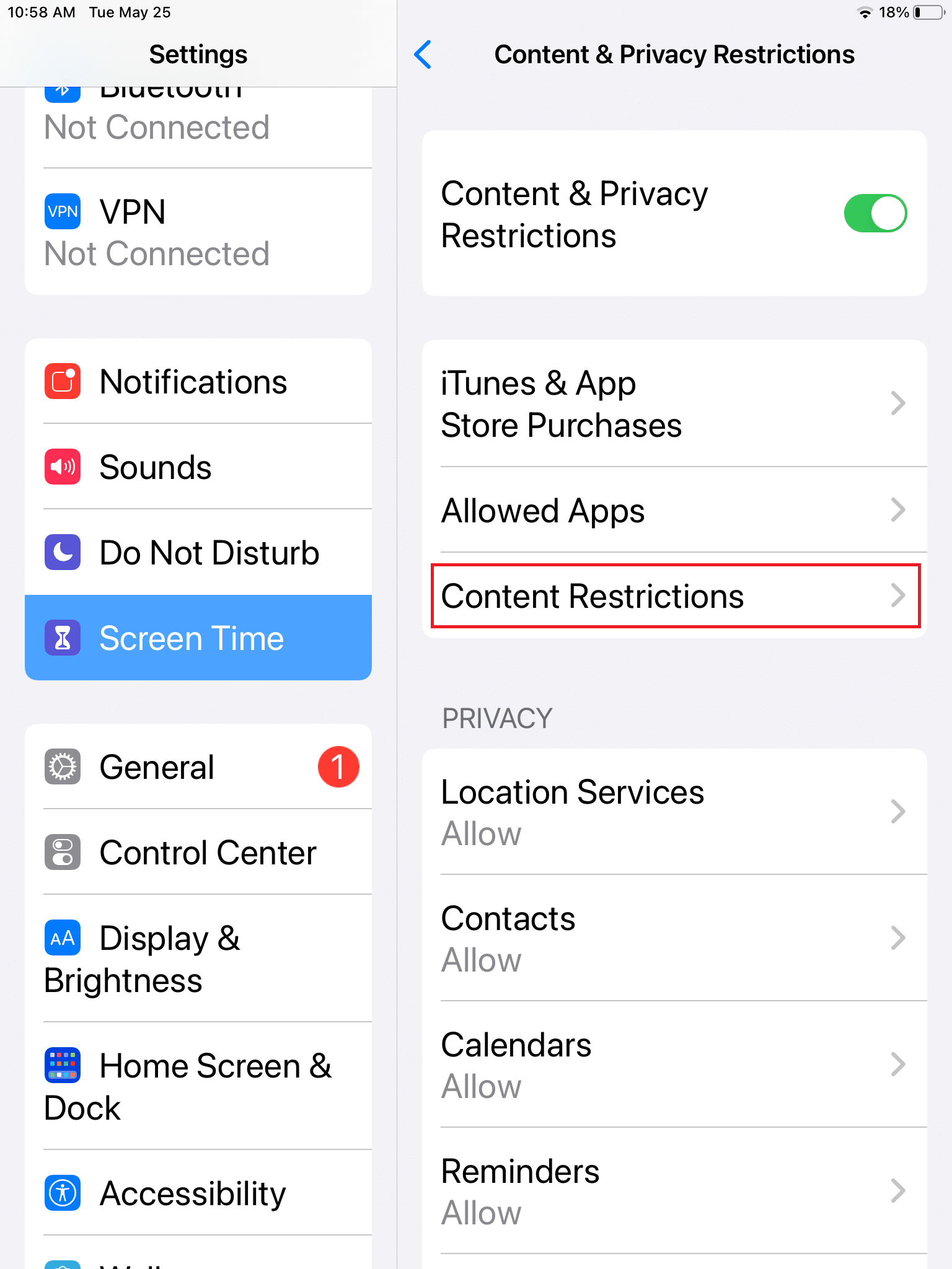 Appuyez sur les restrictions de contenu