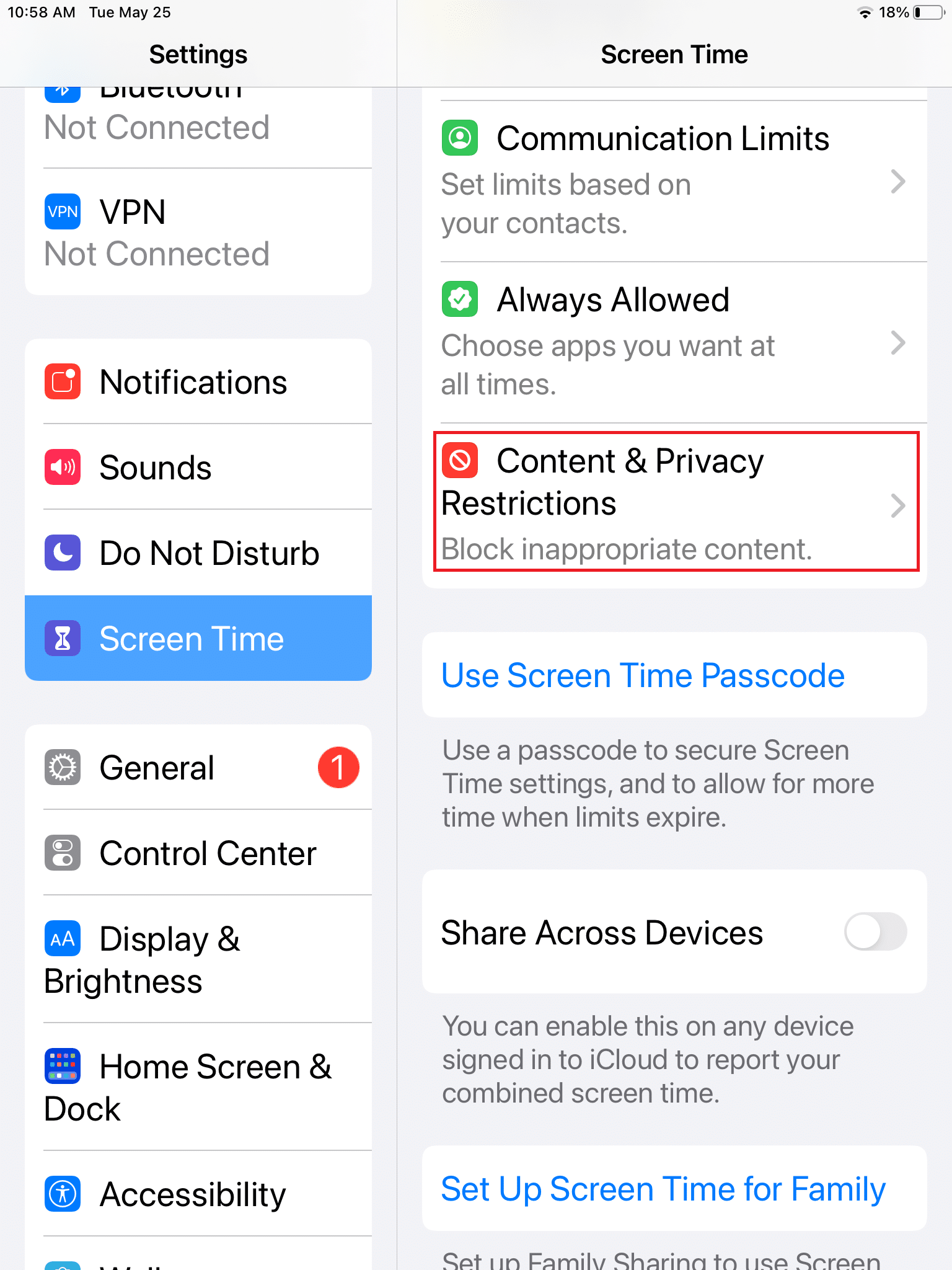 Sélectionnez les restrictions de contenu et de confidentialité
