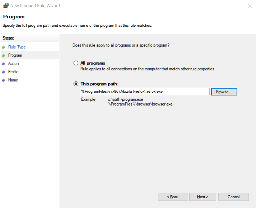 单击浏览按钮导航到您要阻止的程序,然后单击下一步