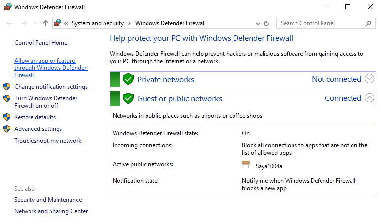 单击“允许应用程序或功能通过 Windows Defender 防火墙”