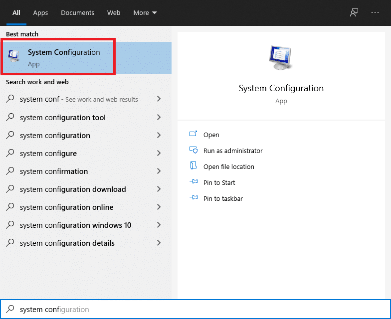 Buka Mulai dan cari Konfigurasi Sistem | Memperbaiki: Uplay Gagal Meluncur
