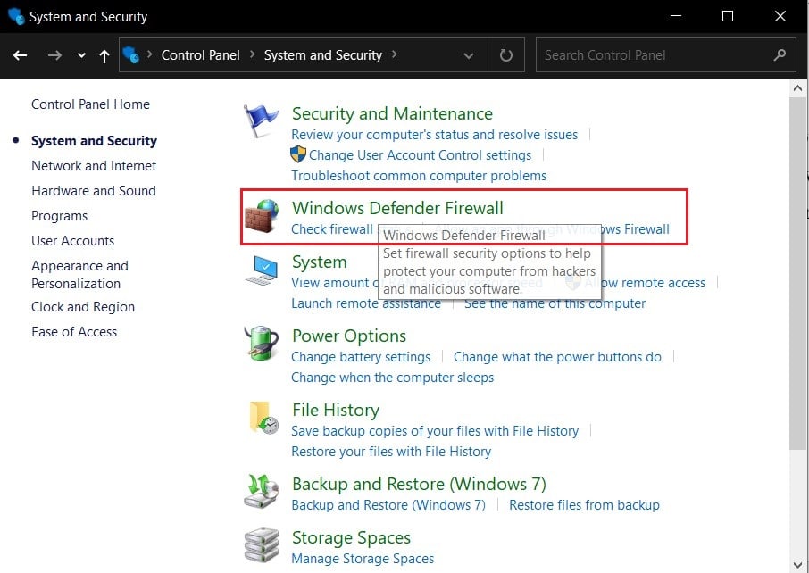 单击 Windows 防火墙 |修复 Chrome 中的 NET::ERR_CONNECTION_REFUSED