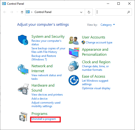 Sous Programmes, cliquez sur Désinstaller un programme | Corrigé : Problème de téléchargement lent de League of Legends