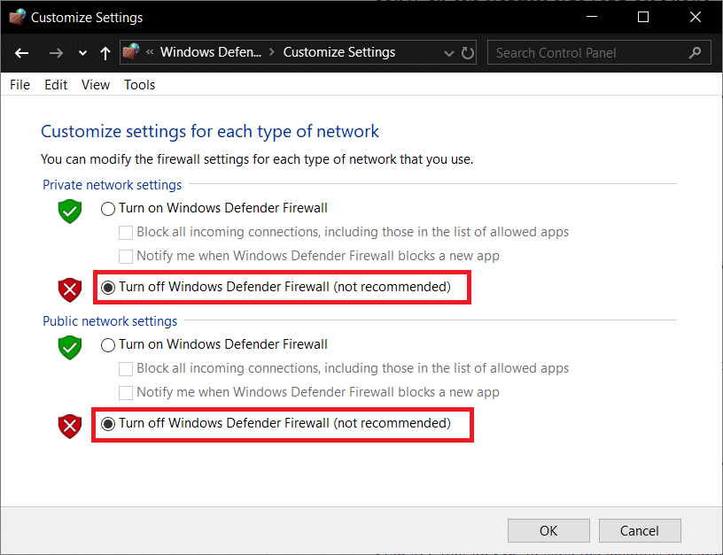 Cliquez sur Désactiver le pare-feu Windows Defender (non recommandé)