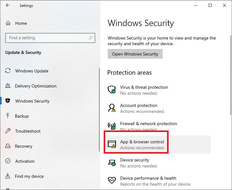 Cliquez sur Contrôle de l'application et du navigateur