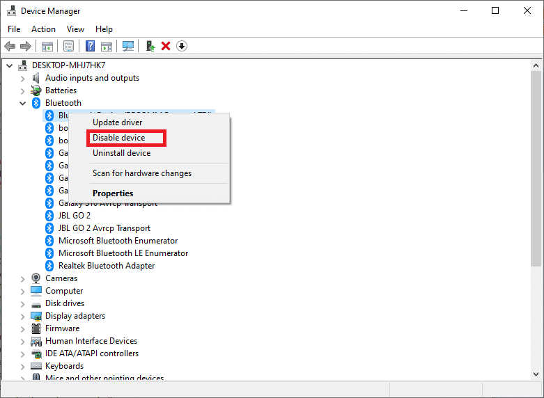 Sélectionnez Désactiver l'appareil en cliquant dessus avec le bouton droit de la souris | Erreur de lancement de Blade and Soul