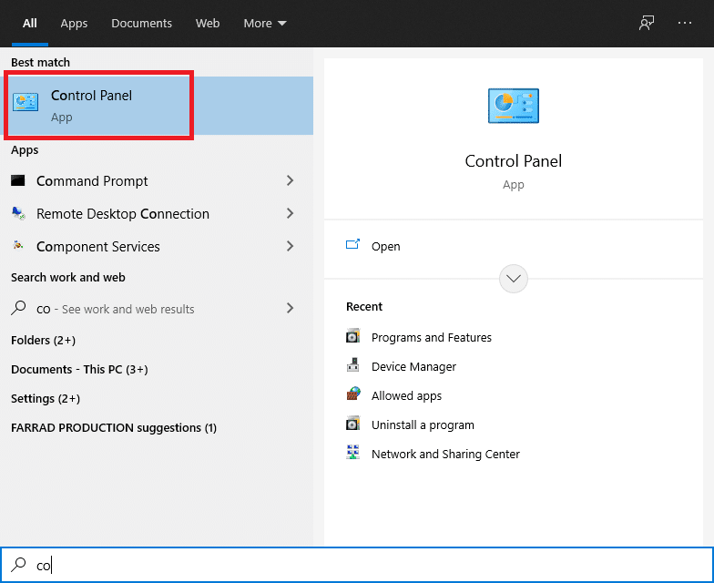 .Appuyez sur le bouton du menu Démarrer, tapez contrôle Panneau de configuration et sélectionnez-le | Corrigé : erreur de mémoire de jeu GTA 5
