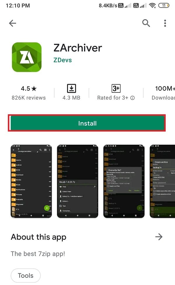 Instal ZArchiver dari Google play store dan buka