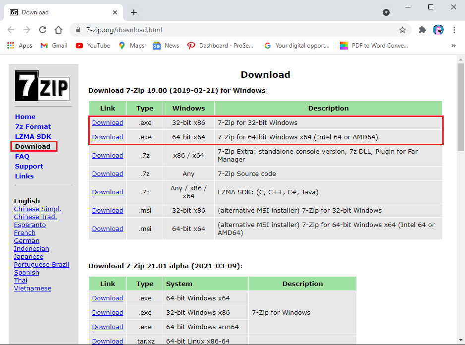 Unduh 7-zip di sistem windows Anda