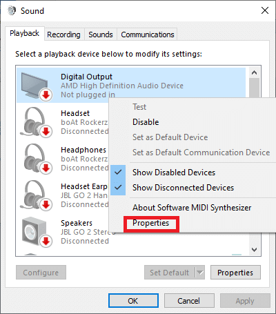 在“播放”选项卡中选择导致您出现问题的播放设备，右键单击它，然后选择“属性”
