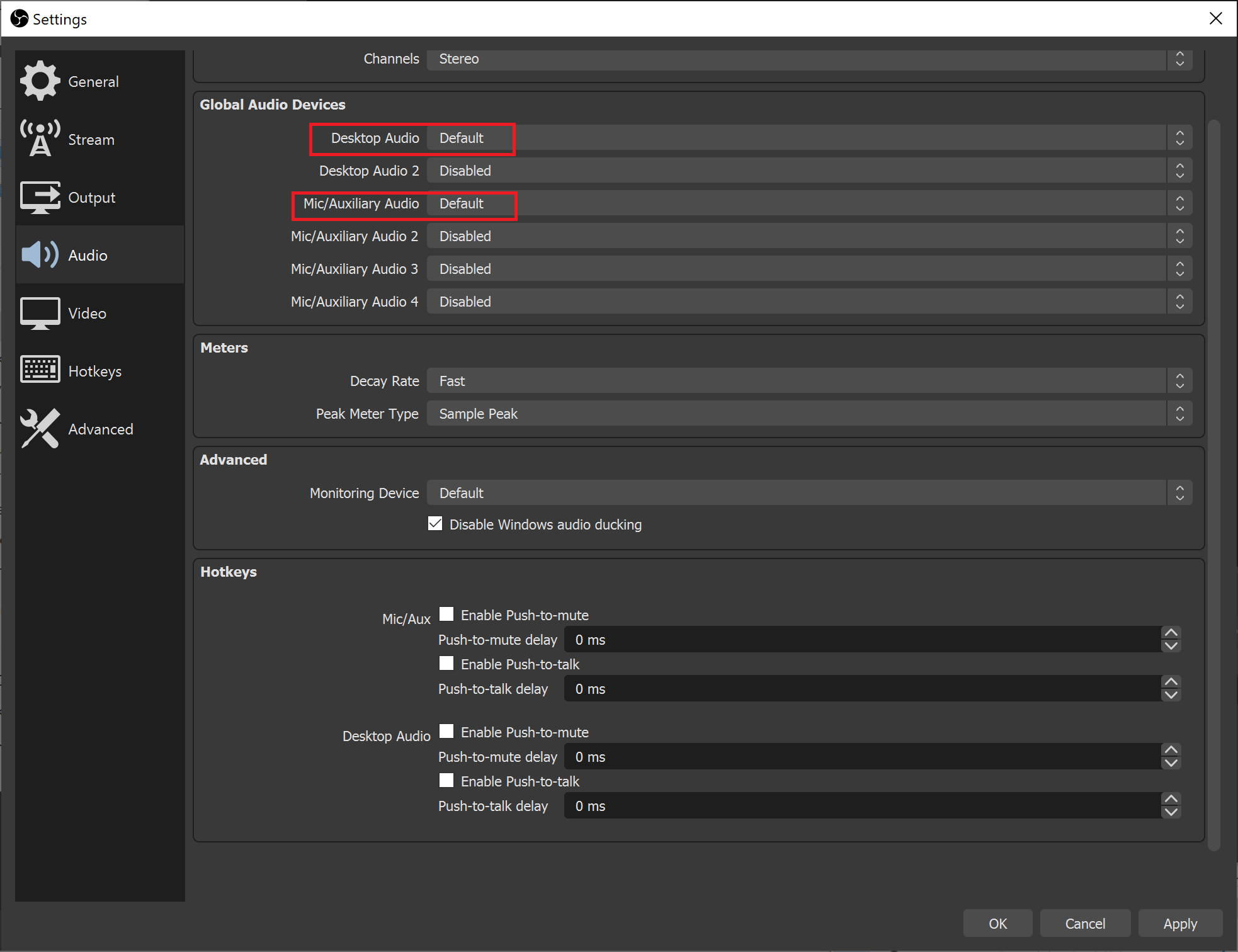 Pilih perangkat yang Anda gunakan untuk Desktop Audio serta untuk Mic/Auxiliary Audio.
