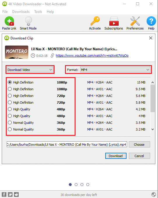 형식 옆에 있는 드롭다운 메뉴를 클릭하여 비디오 형식을 선택합니다.
