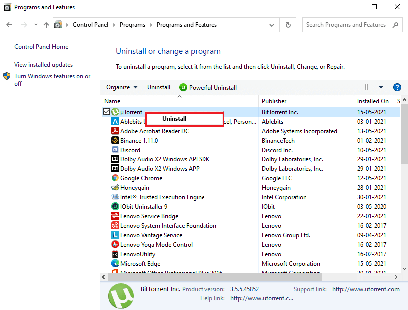 Cliquez sur désinstaller