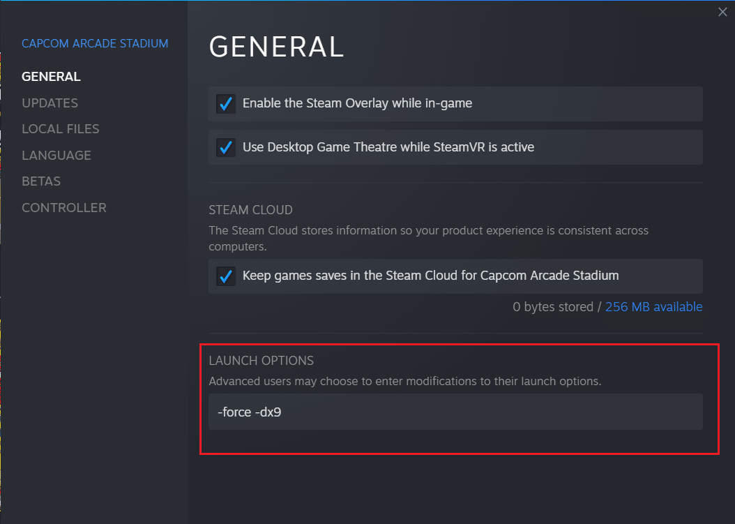 Di bawah Opsi Peluncuran ketik -force -dx9 | Perbaiki Final Fantasy XIV Fatal DirectX Error