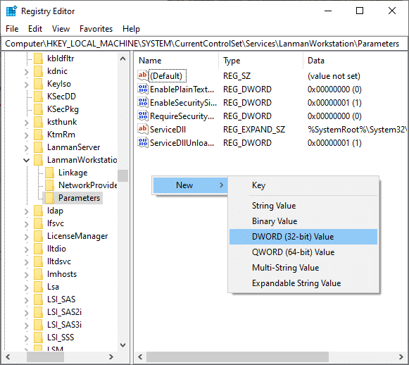 如果屏幕上没有出现 AllowInsecureGuestAuth 密钥,您必须创建一个。然后,右键单击屏幕并单击新建,然后单击 DWORD(32 位)值。
