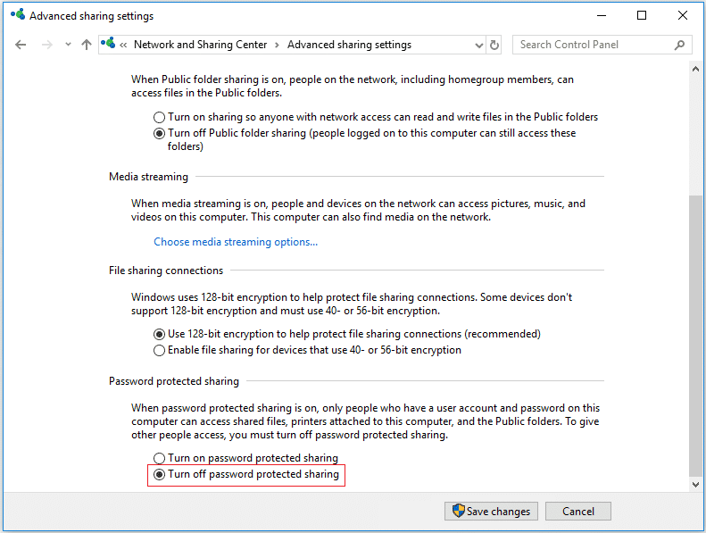 检查以关闭受密码保护的共享