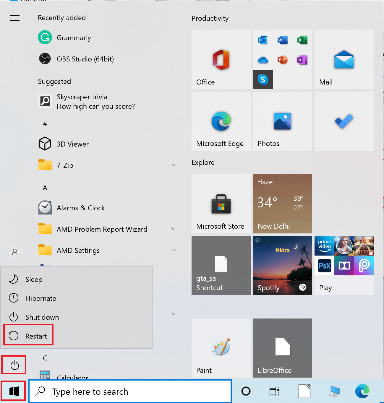 Cliquez sur Alimentation, et enfin, cliquez sur Redémarrer | Correction de l'erreur 0xc00007b : l'application n'a pas pu démarrer correctement