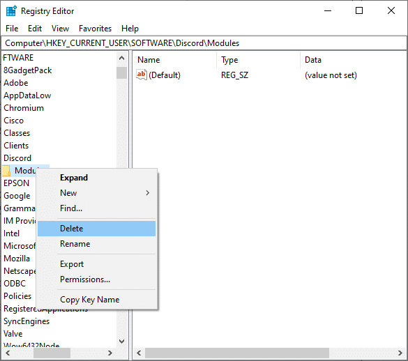 Fare clic con il tasto destro sulla cartella Discord ed eliminarla