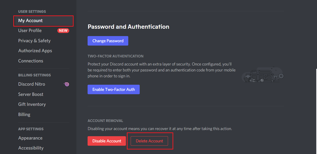 Fai clic sul pulsante Elimina account in Impostazioni account in Discord
