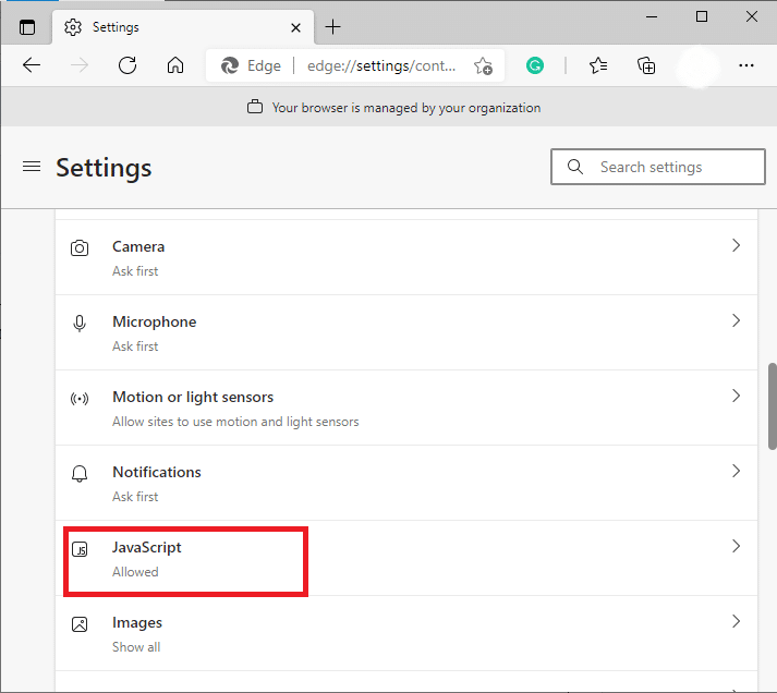 Şimdi aşağı kaydırın ve JavaScript'e tıklayın.