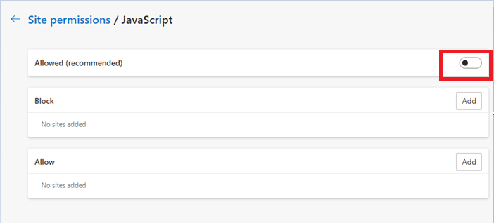 Microsoft Edge tarayıcısında JavaScript'i devre dışı bırakmak için ayarı İzin verildi (önerilir) olarak KAPATIN.