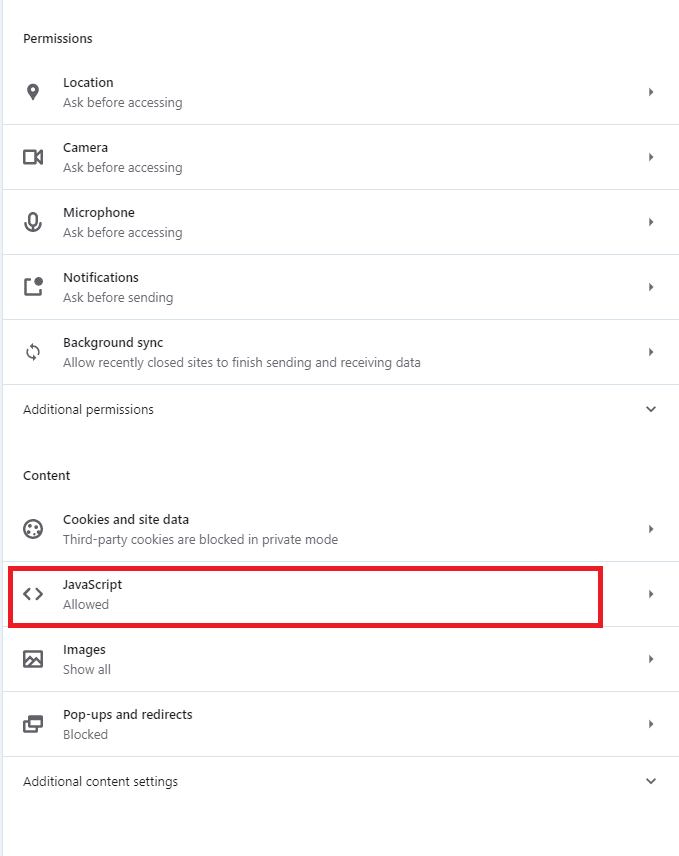 Site Ayarları menüsü altında JavaScript başlıklı bir seçenek bulacaksınız. Üstüne tıkla.