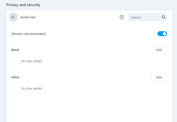 Opera tarayıcısında JavaScript'i etkinleştirmek için ayarları İzin verildi (önerilen) konumuna getirin.