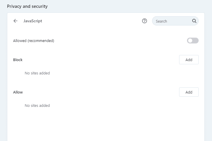 Opera tarayıcısında JavaScript'i devre dışı bırakmak için İzin verildi (önerilir) ayarlarını KAPALI konuma getirin.