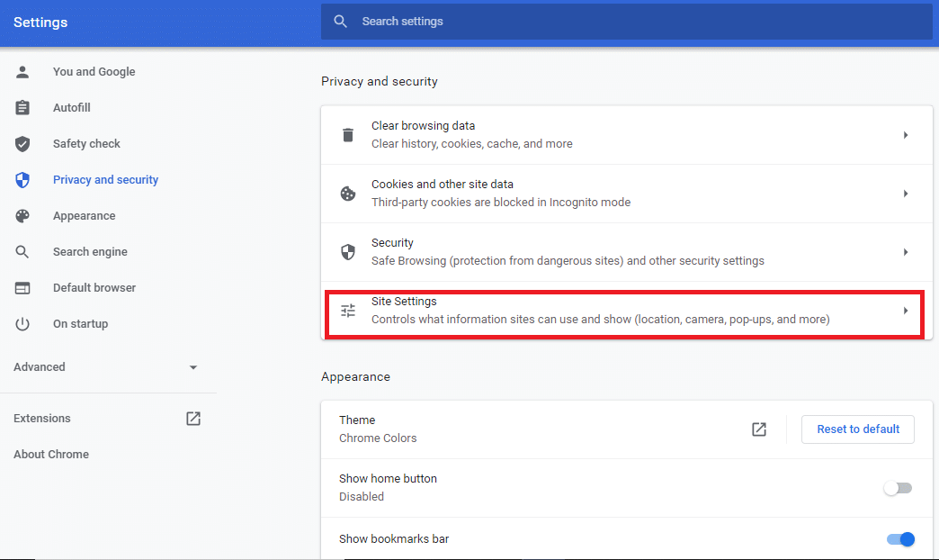 Şimdi Gizlilik ve güvenlik altında Site'ye tıklayın.