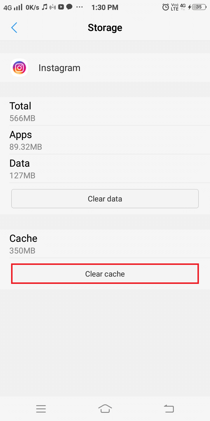 Son olarak, Önbelleği temizle'ye dokunun. | Instagram 'Henüz Gönderilmedi' sorununu düzeltin. Android'de Tekrar Deneyin' Hatası