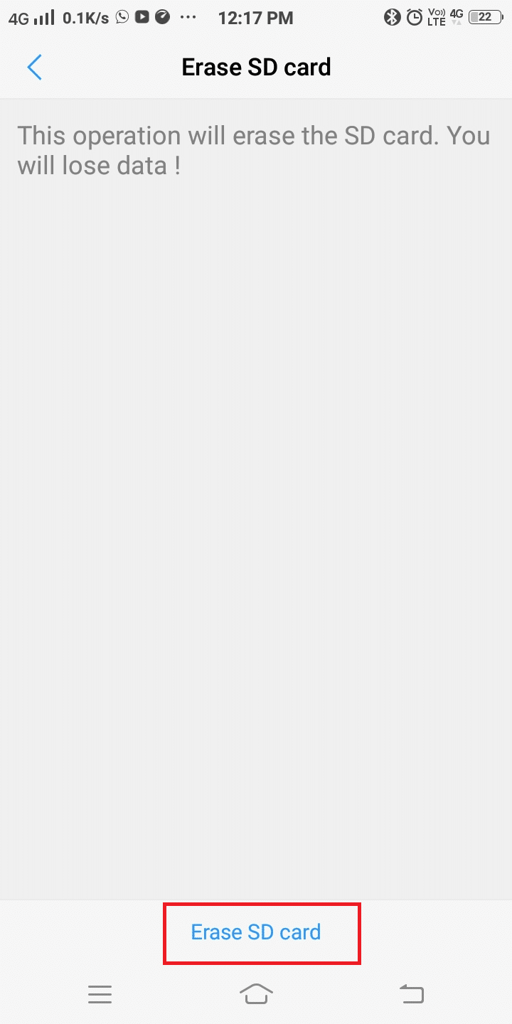 SD kartı sil | Android'de Instagram Henüz Yayınlanmadı Tekrar Deneyin Hatasını Düzeltin