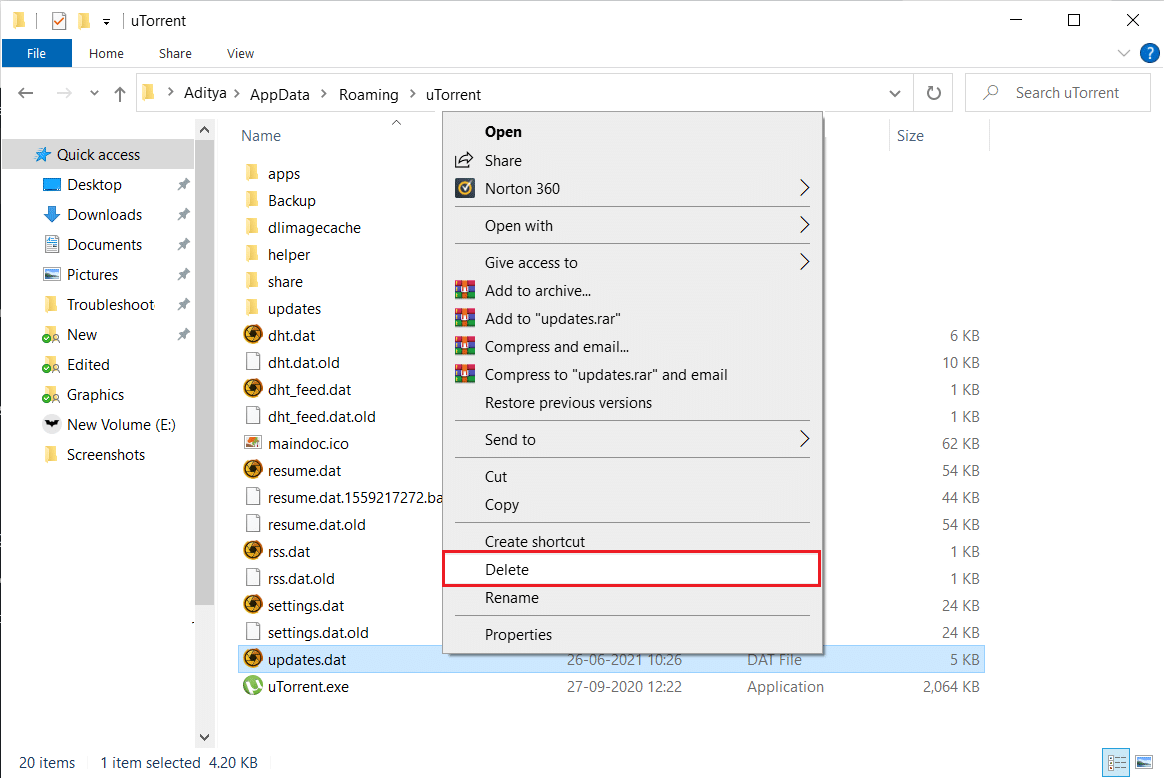 update.dat dosyasına sağ tıklayın ve Sil | uTorrent Erişimi Reddedildi Hatasını Düzeltin