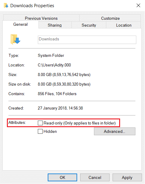 Salt okunur'un yanındaki kutunun işaretli olmadığından emin olun