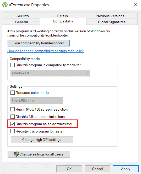 チェックマークこのプログラムをuTorrentの管理者として実行する| uTorrentアクセスが拒否されたエラーを修正