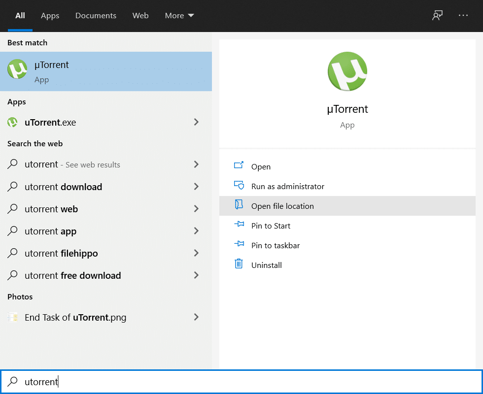 UTorrent'i arayın ve ardından Dosya konumunu aç'a tıklayın