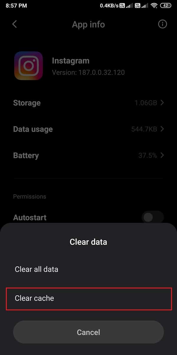 Wählen Sie Cache löschen für das Popup-Menü