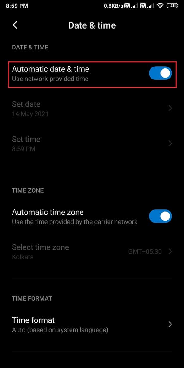 Aktivieren Sie den Schalter für Automatisches Datum und Uhrzeit | Fix Instagram lässt mich nicht anmelden