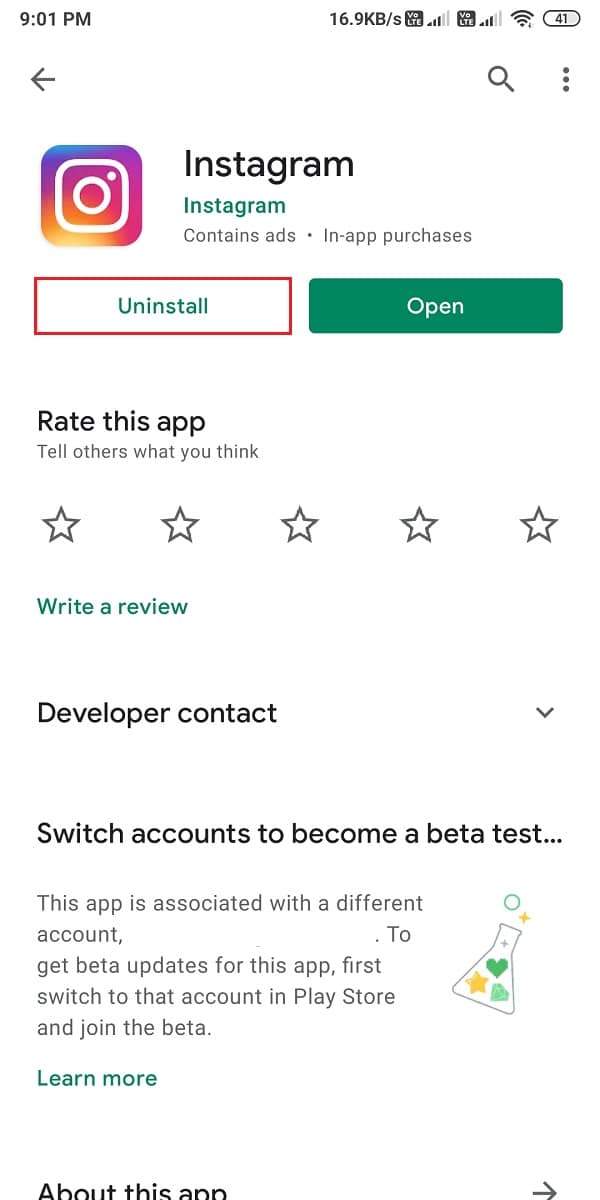 Klicken Sie auf Deinstallieren | Fix Instagram lässt mich nicht anmelden
