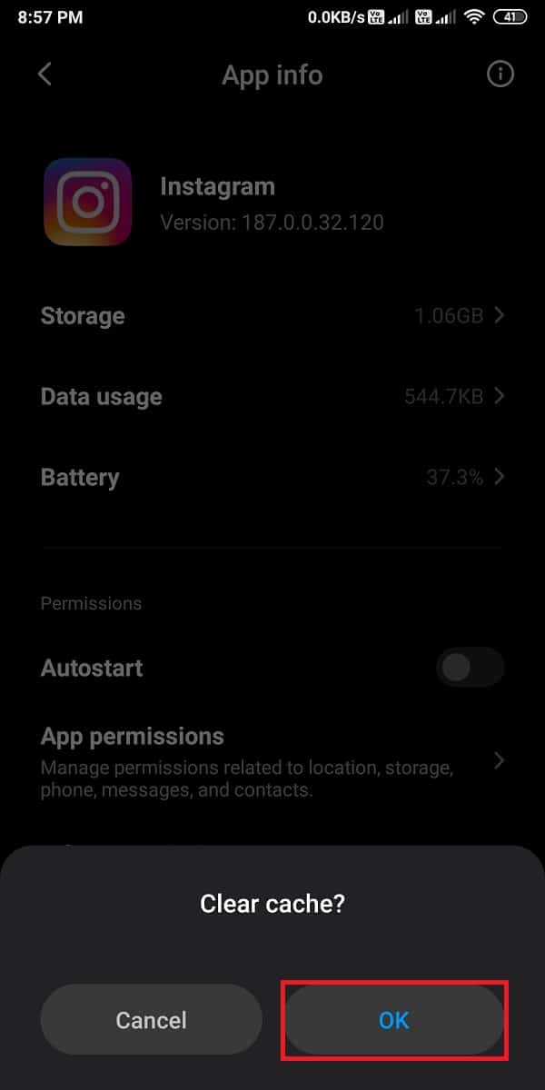 Klicken Sie zur Bestätigung auf OK | Fix Instagram lässt mich nicht anmelden