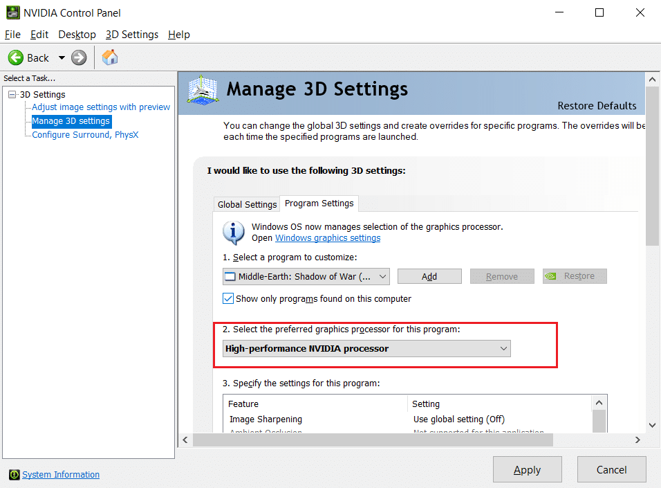 ドロップダウンメニューから[高性能NVIDIAプロセッサ]を選択します| Windows10でグラフィックカードが検出されない問題を修正