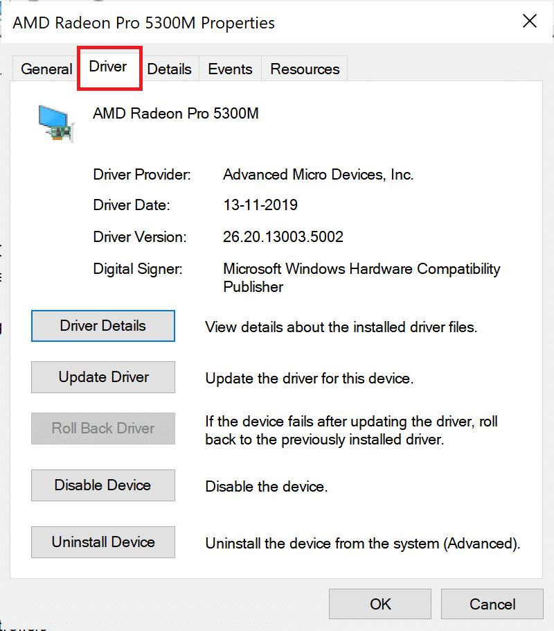 [ドライバー]タブで、[有効にする]を選択します