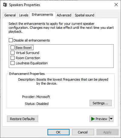 Wechseln Sie nun im Fenster Eigenschaften von Lautsprechern zur Registerkarte Verbesserungen.