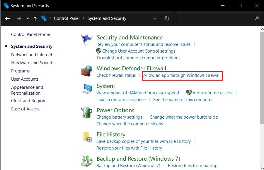 Fare clic su Consenti un'app tramite Windows Firewall | Correggi l'errore che il nome del dispositivo locale è già in uso su Windows