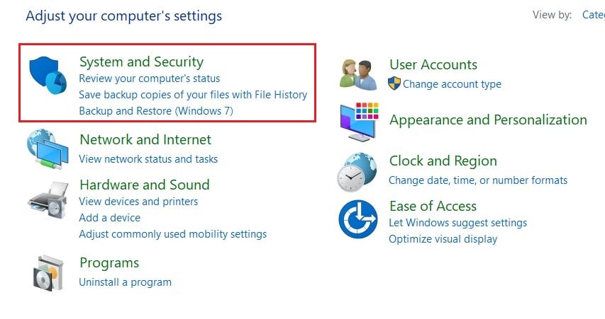 Nel pannello di controllo, fare clic su Sistema e sicurezza